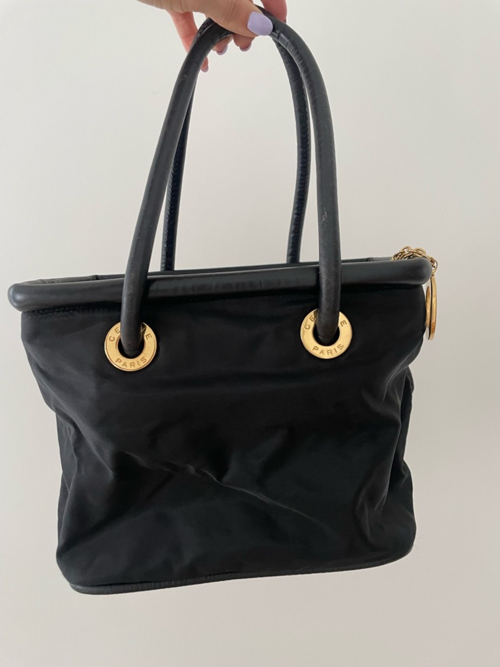 Authentic Céline Black Nylon Top-Handle Tote with Gold-Tone Hardware